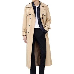 Men's Khaki Trench Coat Oversized Casual Windbreaker Lapel Long Jacket Overcoat